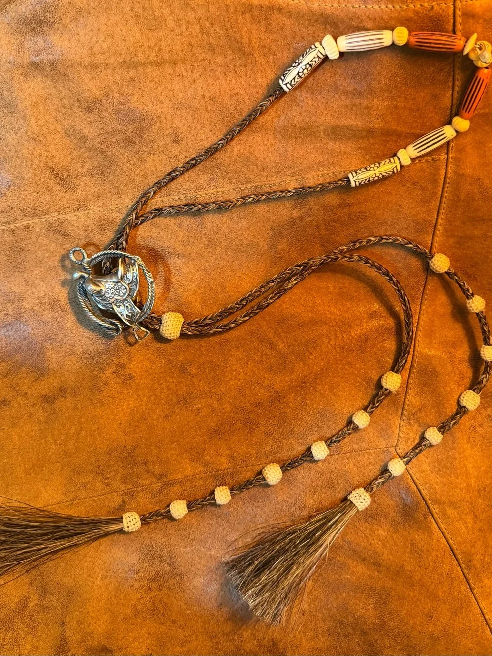 Vintage Western Bolo Tie pewter a saddle Horsehair and Barrel beads Lrg.